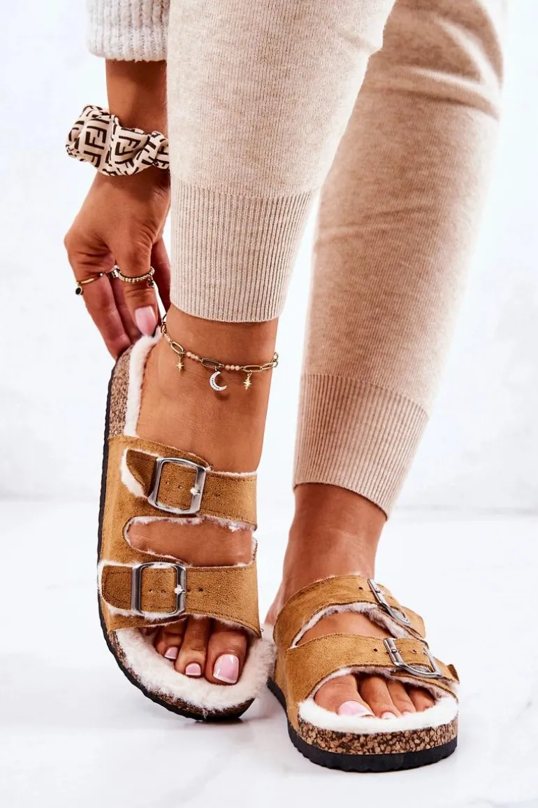 Zamszowe Ocieplane Klapki Camel Adeline