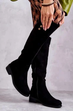 Zamszowe Ocieplane Kozaki Na Płaskim Obcasie Czarne Laura