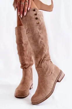 Zamszowe Ocieplane Kozaki Na Płaskim Obcasie Beżowe Laura