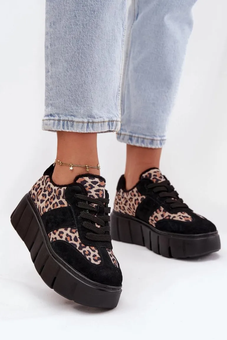 Zamszowe Ocieplane Sneakersy Damskie Na Masywnej Platformie Vinceza 66841 Panterka Czarne