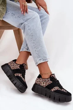 Zamszowe Ocieplane Sneakersy Damskie Na Masywnej Platformie Vinceza 66841 Panterka Czarne