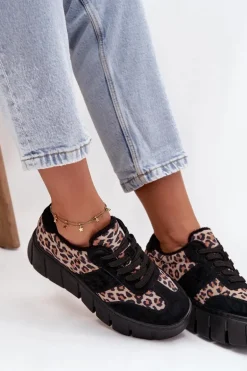 Zamszowe Ocieplane Sneakersy Damskie Na Masywnej Platformie Vinceza 66841 Panterka Czarne
