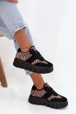 Zamszowe Ocieplane Sneakersy Damskie Na Masywnej Platformie Vinceza 66841 Panterka Czarne