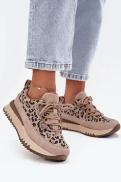 Zamszowe Ocieplane Sneakersy Damskie Na Platformie Vinceza 66836 Panterka Beżowe