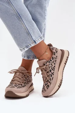 Zamszowe Ocieplane Sneakersy Damskie Na Platformie Vinceza 66836 Panterka Beżowe