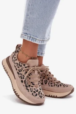 Zamszowe Ocieplane Sneakersy Damskie Na Platformie Vinceza 66836 Panterka Beżowe