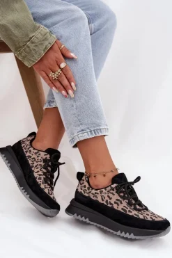 Zamszowe Ocieplane Sneakersy Damskie Na Platformie Vinceza 66836 Panterka Czarne