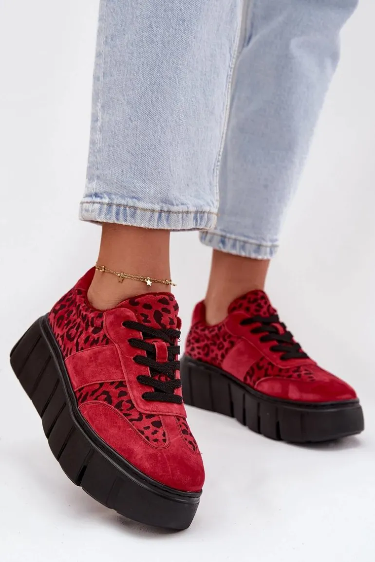Zamszowe Ocieplane Sneakersy Damskie Na Masywnej Platformie Vinceza 66841 Panterka Czerwone
