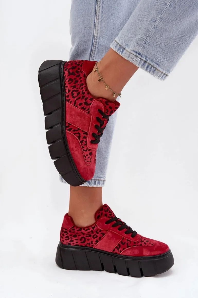 Zamszowe Ocieplane Sneakersy Damskie Na Masywnej Platformie Vinceza 66841 Panterka Czerwone