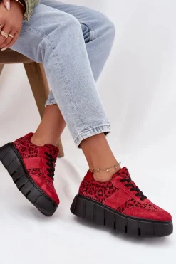 Zamszowe Ocieplane Sneakersy Damskie Na Masywnej Platformie Vinceza 66841 Panterka Czerwone