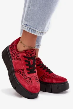 Zamszowe Ocieplane Sneakersy Damskie Na Masywnej Platformie Vinceza 66841 Panterka Czerwone