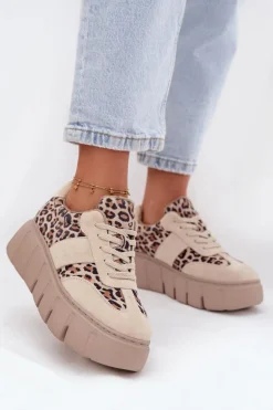 Zamszowe Ocieplane Sneakersy Damskie Na Masywnej Platformie Vinceza 66841 Panterka Beżowe