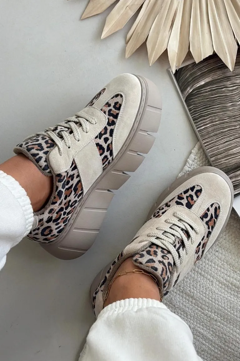 Zamszowe Ocieplane Sneakersy Damskie Na Masywnej Platformie Vinceza 66841 Panterka Beżowe