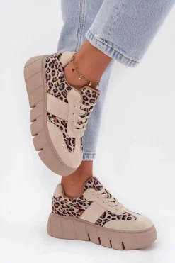 Zamszowe Ocieplane Sneakersy Damskie Na Masywnej Platformie Vinceza 66841 Panterka Beżowe