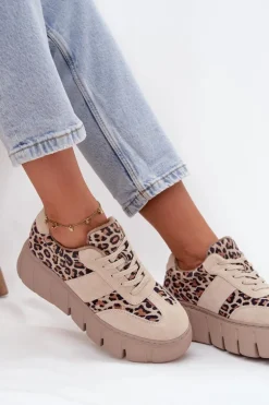 Zamszowe Ocieplane Sneakersy Damskie Na Masywnej Platformie Vinceza 66841 Panterka Beżowe