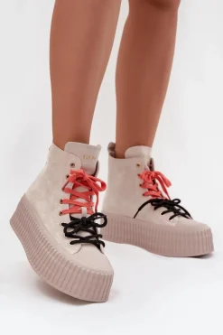 Zamszowe Ocieplane Trampki Damskie Na Masywnej Platformie GOE SS2N4047 Beżowe