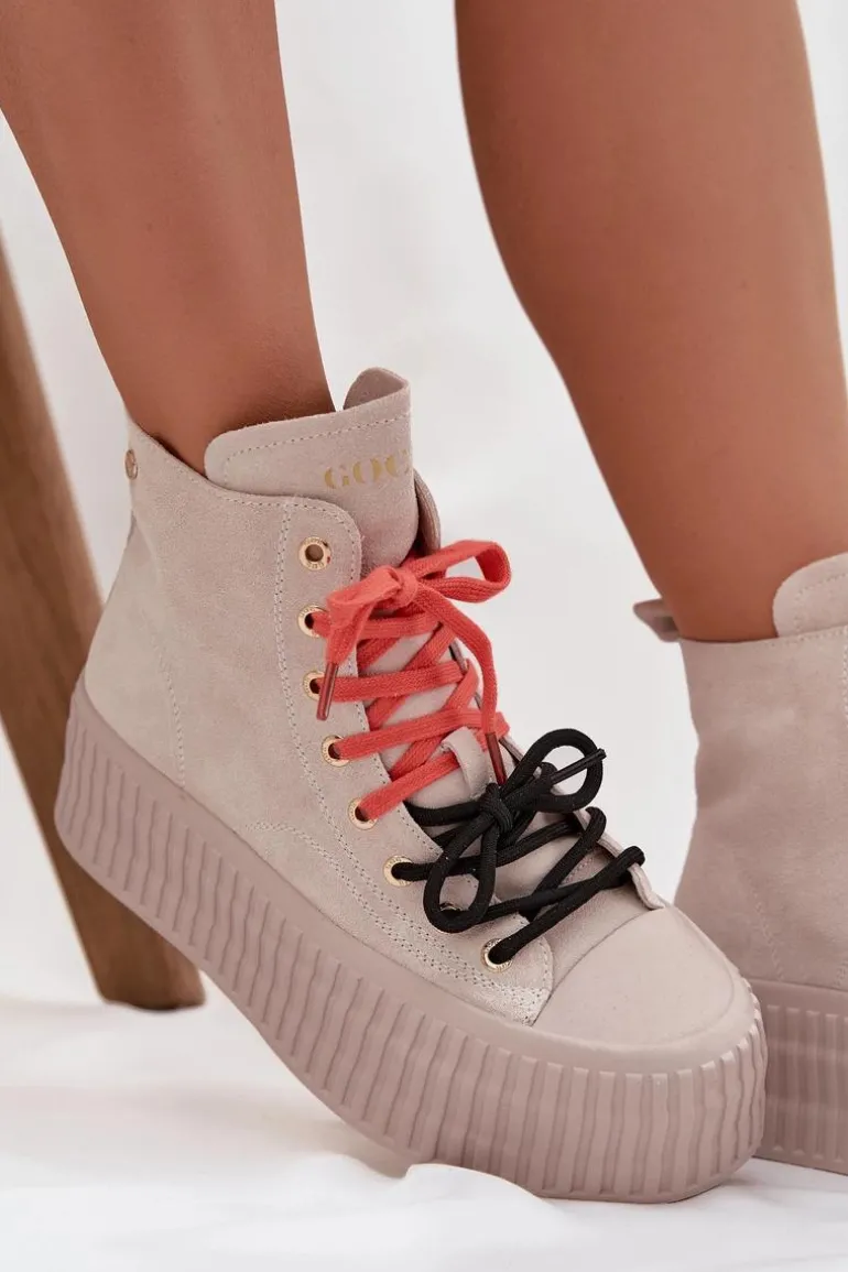 Zamszowe Ocieplane Trampki Damskie Na Masywnej Platformie GOE SS2N4047 Beżowe