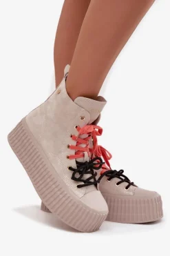 Zamszowe Ocieplane Trampki Damskie Na Masywnej Platformie GOE SS2N4047 Beżowe