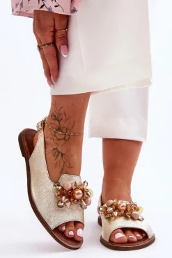 Zamszowe Płaskie Sandały Nicole 2805/064 Złote