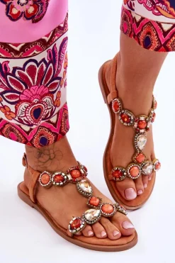 Zamszowe Płaskie Sandały Z Kamieniami Pomarańczowe Dallas