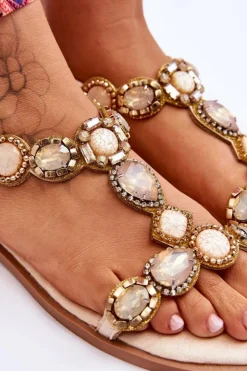 Zamszowe Płaskie Sandały Z Kamieniami Beżowe Dallas