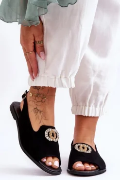 Zamszowe Płaskie Sandały Z Ozdobą Nicole 2744/002 Czarne