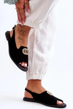 Zamszowe Płaskie Sandały Z Ozdobą Nicole 2744/002 Czarne