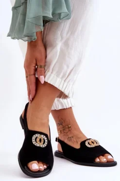 Zamszowe Płaskie Sandały Z Ozdobą Nicole 2744/002 Czarne