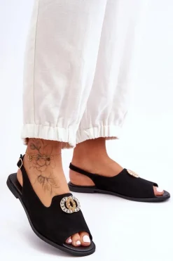 Zamszowe Płaskie Sandały Z Ozdobą Nicole 2744/002 Czarne