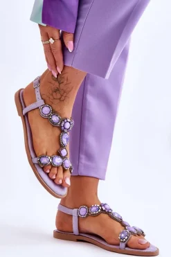 Zamszowe Płaskie Sandały Z Kamieniami Fioletowe Dallas