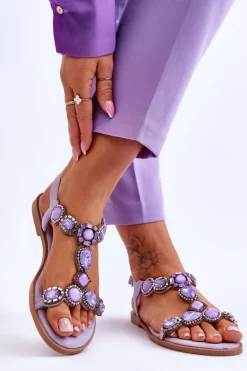 Zamszowe Płaskie Sandały Z Kamieniami Fioletowe Dallas