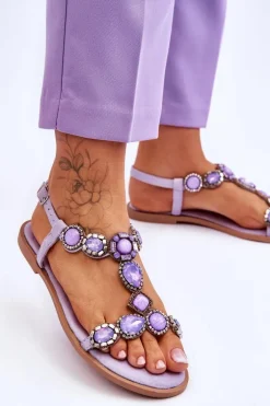 Zamszowe Płaskie Sandały Z Kamieniami Fioletowe Dallas