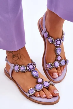 Zamszowe Płaskie Sandały Z Kamieniami Fioletowe Dallas