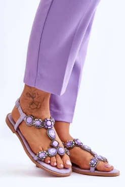 Zamszowe Płaskie Sandały Z Kamieniami Fioletowe Dallas