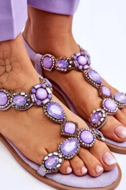 Zamszowe Płaskie Sandały Z Kamieniami Fioletowe Dallas