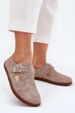 Zamszowe Półbuty Barefoot Damskie Z Klamrą Zazoo N1261 Beżowe