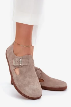 Zamszowe Półbuty Barefoot Damskie Z Klamrą Zazoo N1261 Beżowe