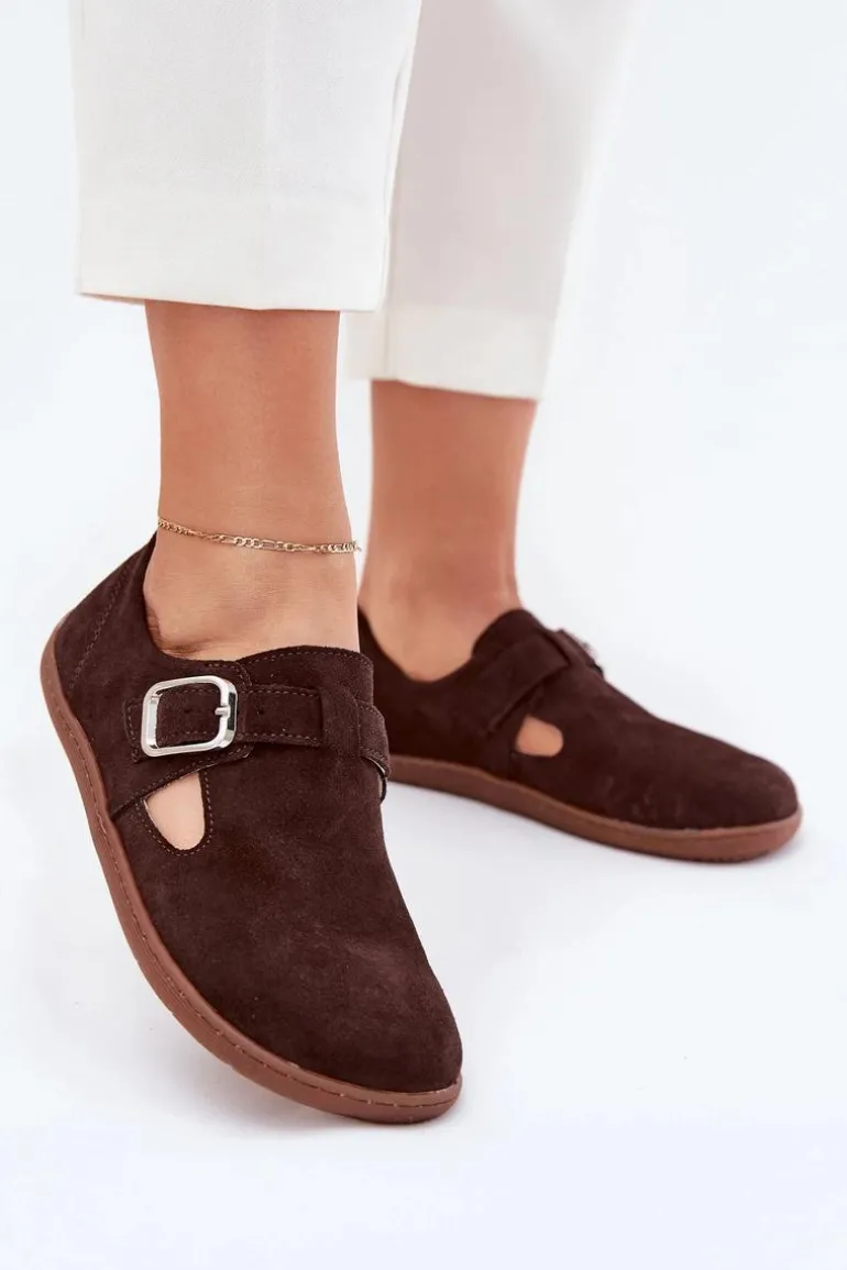 Zamszowe Półbuty Barefoot Damskie Z Klamrą Zazoo N1261 Czekoladowe