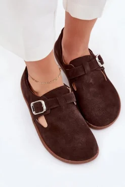 Zamszowe Półbuty Barefoot Damskie Z Klamrą Zazoo N1261 Czekoladowe