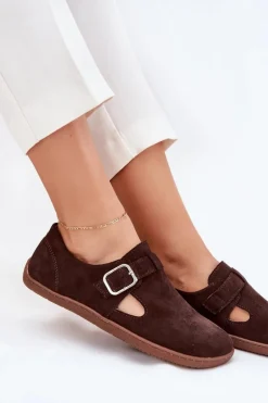 Zamszowe Półbuty Barefoot Damskie Z Klamrą Zazoo N1261 Czekoladowe