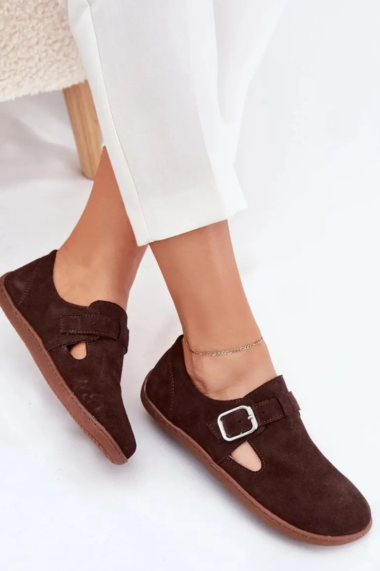 Zamszowe Półbuty Barefoot Damskie Z Klamrą Zazoo N1261 Czekoladowe