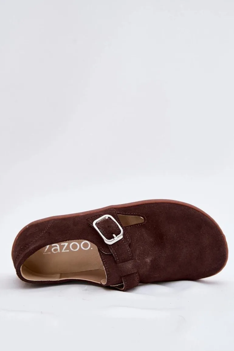 Zamszowe Półbuty Barefoot Damskie Z Klamrą Zazoo N1261 Czekoladowe