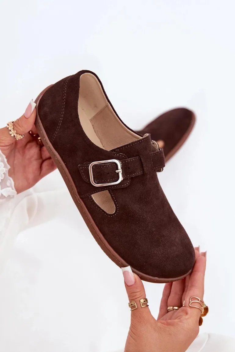 Zamszowe Półbuty Barefoot Damskie Z Klamrą Zazoo N1261 Czekoladowe
