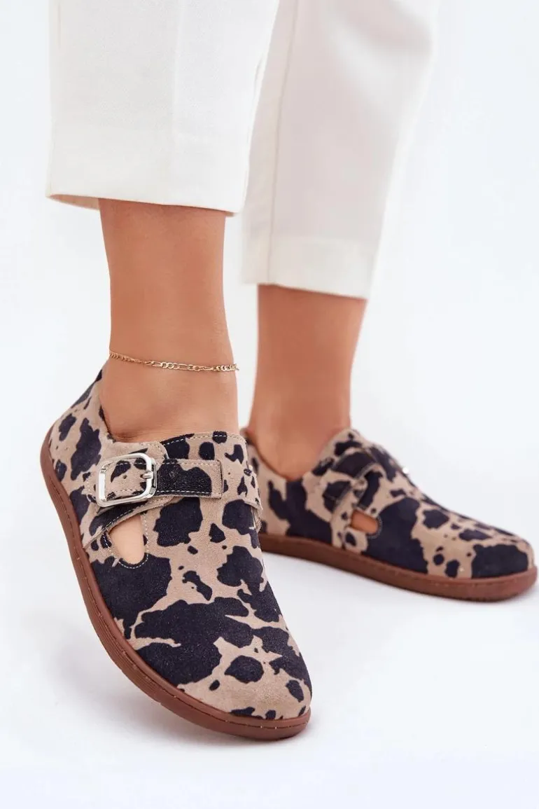 Zamszowe Półbuty Barefoot Damskie Z Klamrą Łaty Zazoo N1261 Brązowo-Beżowe