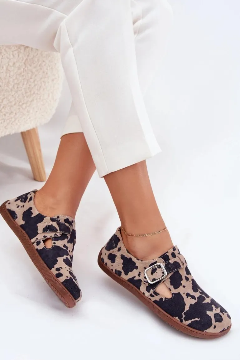 Zamszowe Półbuty Barefoot Damskie Z Klamrą Łaty Zazoo N1261 Brązowo-Beżowe