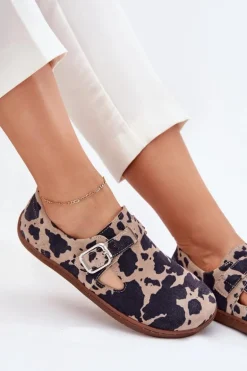 Zamszowe Półbuty Barefoot Damskie Z Klamrą Łaty Zazoo N1261 Brązowo-Beżowe