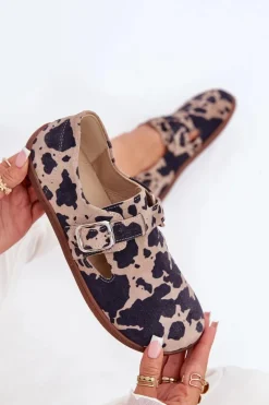 Zamszowe Półbuty Barefoot Damskie Z Klamrą Łaty Zazoo N1261 Brązowo-Beżowe