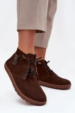 Zamszowe Półbuty Barefoot Damskie Z Ozdobnym Detalem Zazoo 30072 Czekoladowe