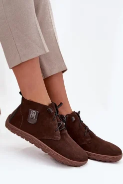 Zamszowe Półbuty Barefoot Damskie Z Ozdobnym Detalem Zazoo 30072 Czekoladowe