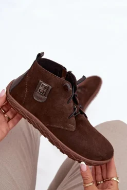 Zamszowe Półbuty Barefoot Damskie Z Ozdobnym Detalem Zazoo 30072 Czekoladowe